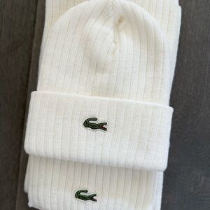 Lacoste Cream Ribbed Beanie and Scarf Set